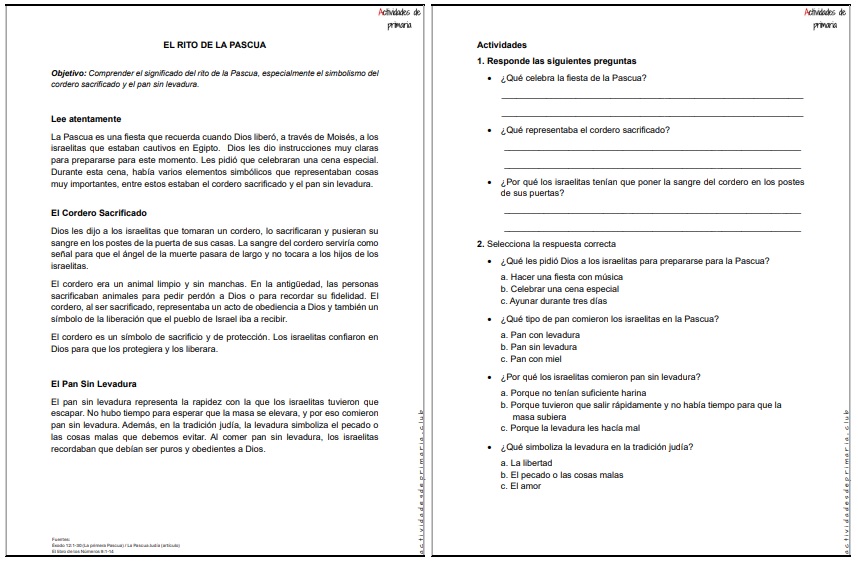 CLASE DE RELIGIÓN TERCER GRADO EL RITO DE LA PASCUA