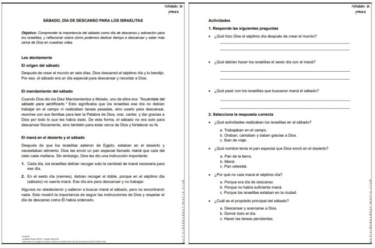 CLASE DE RELIGIÓN TERCER GRADO SABADO DIA DE DESCANSO PARA LOS ISRAELITAS