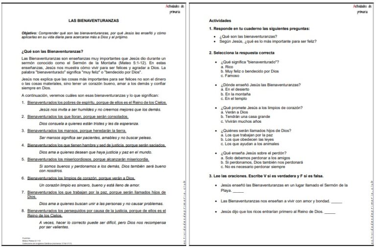 CLASE DE RELIGIÓN TERCER GRADO LAS BIENAVENTURANZAS