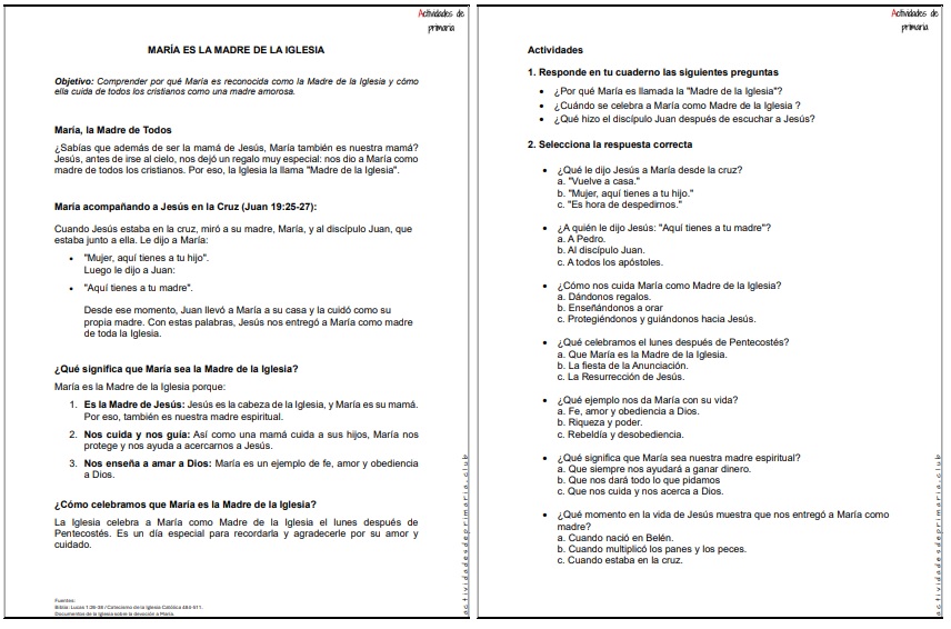 CLASE DE RELIGIÓN TERCER GRADO MARIA ES LA MADRE DE LA IGLESIA