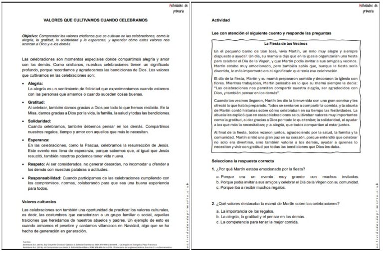CLASE DE RELIGIÓN TERCER GRADO VALORES QUE CULTIVAMOS CUANDO CELEBRAMOS