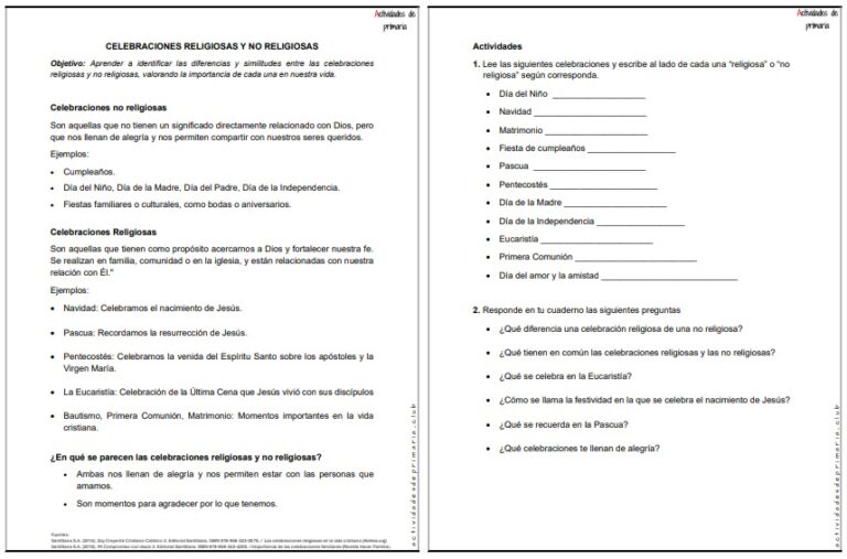 CLASE DE RELIGIÓN TERCER GRADO CELEBRACIONES RELIGIOSAS Y NO RELIGIOSAS