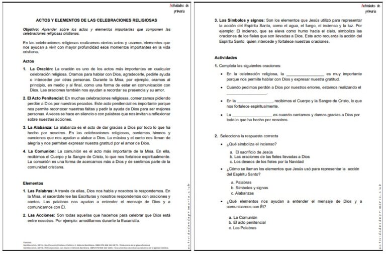 CLASE DE RELIGIÓN TERCER GRADO ACTOS Y ELEMENTOS DE LAS CELEBRACIONES RELIGIOSAS