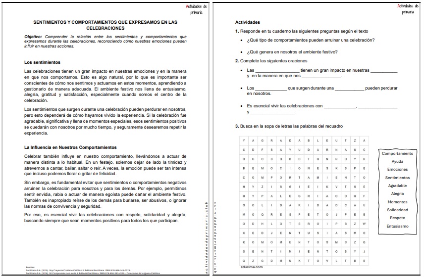 CLASE DE RELIGIÓN TERCER GRADO SENTIMIENTOS Y COMPORTAMIENTOS QUE EXPRESAMOS EN LAS CELEBRACIONES