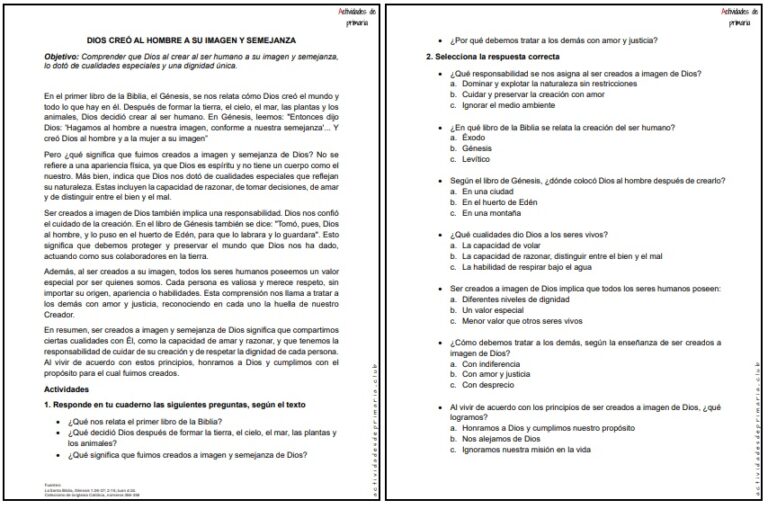 CLASE DE RELIGIÓN CUARTO GRADO - DIOS CREÓ AL HOMBRE A SU IMAGEN Y SEMEJANZA