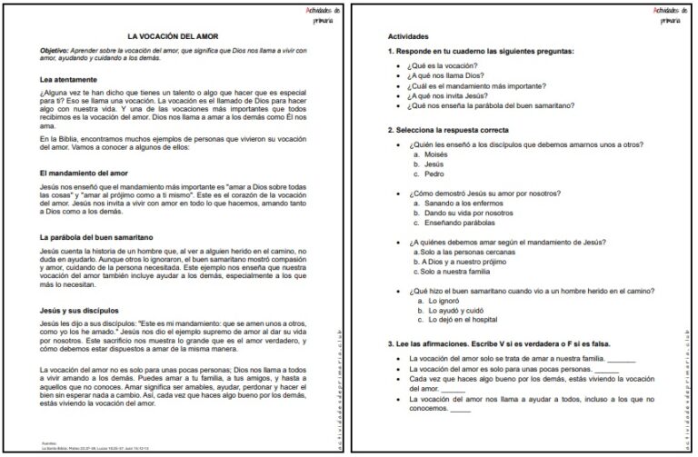 CLASE DE RELIGIÓN CUARTO GRADO - LA VOCACIÓN DEL AMOR