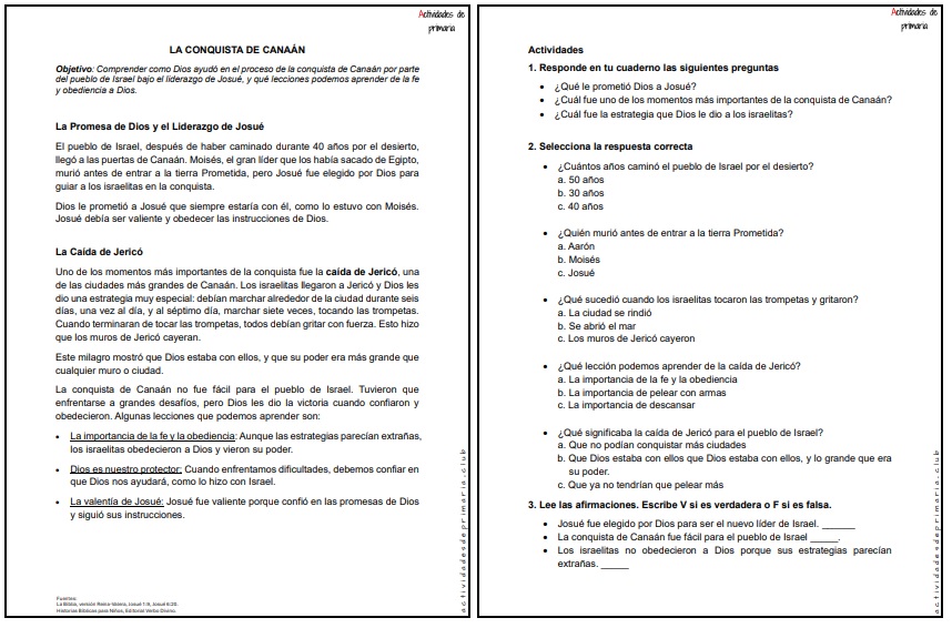 CLASE DE RELIGIÓN CUARTO GRADO - LA CONQUISTA DE CANAÁN