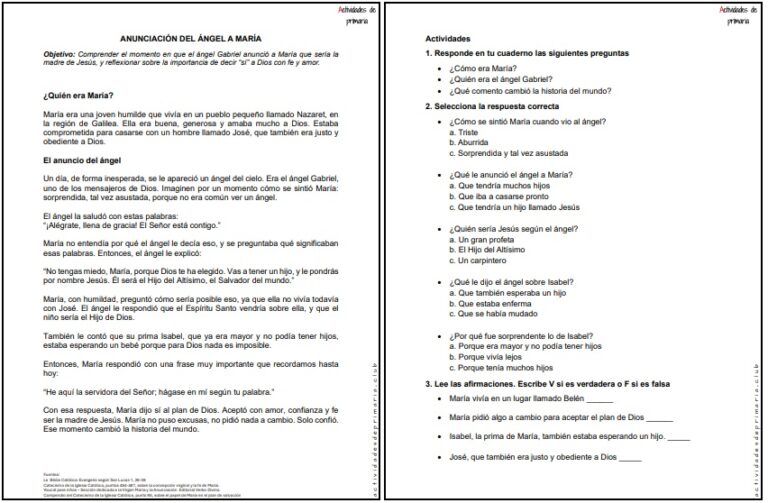 CLASE DE RELIGIÓN CUARTO GRADO - ANUNCIACIÓN DEL ÁNGEL A MARÍA
