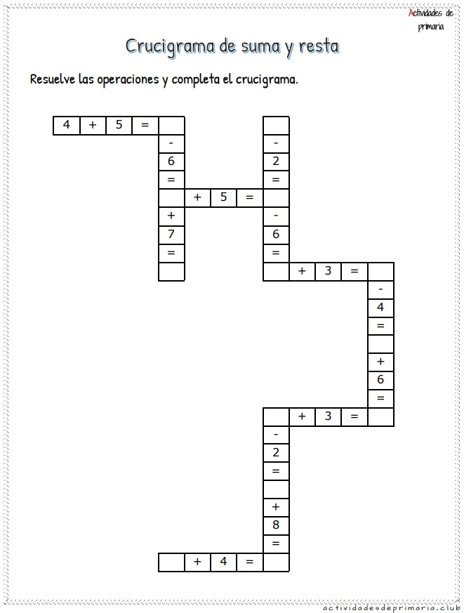 Crucigrama de suma y resta nivel inicial para primer grado