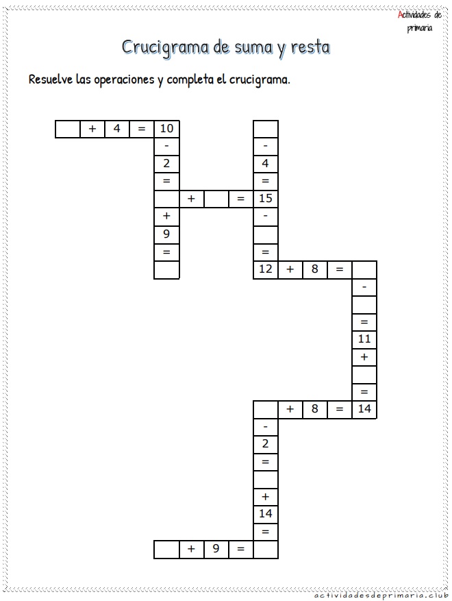 Crucigrama de suma y resta para primer grado