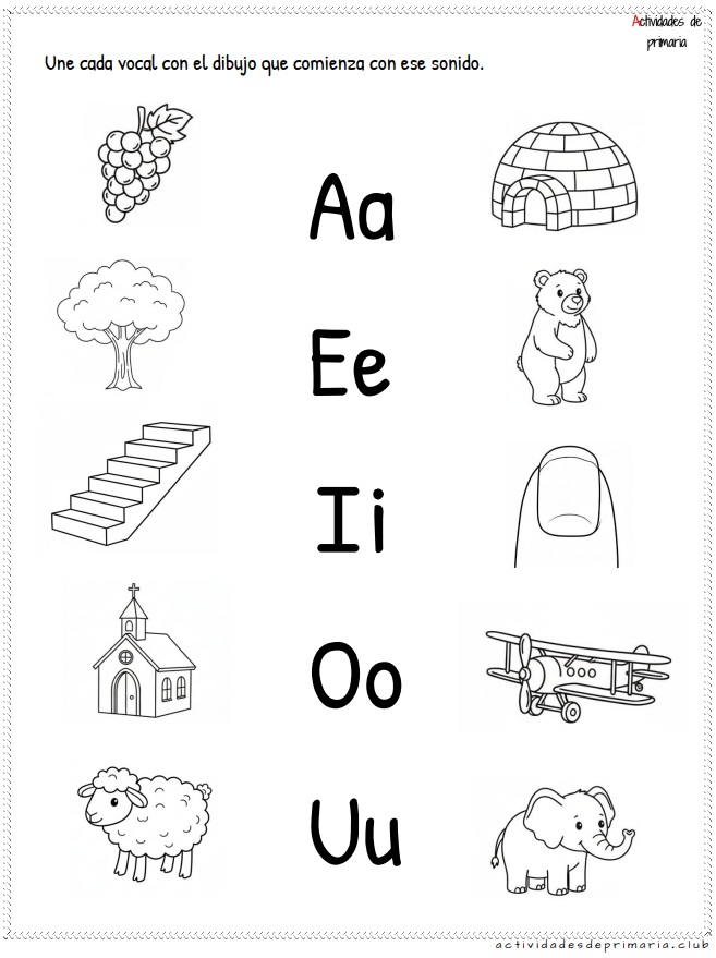 Actividad para unir las vocales con dibujos en primer grado