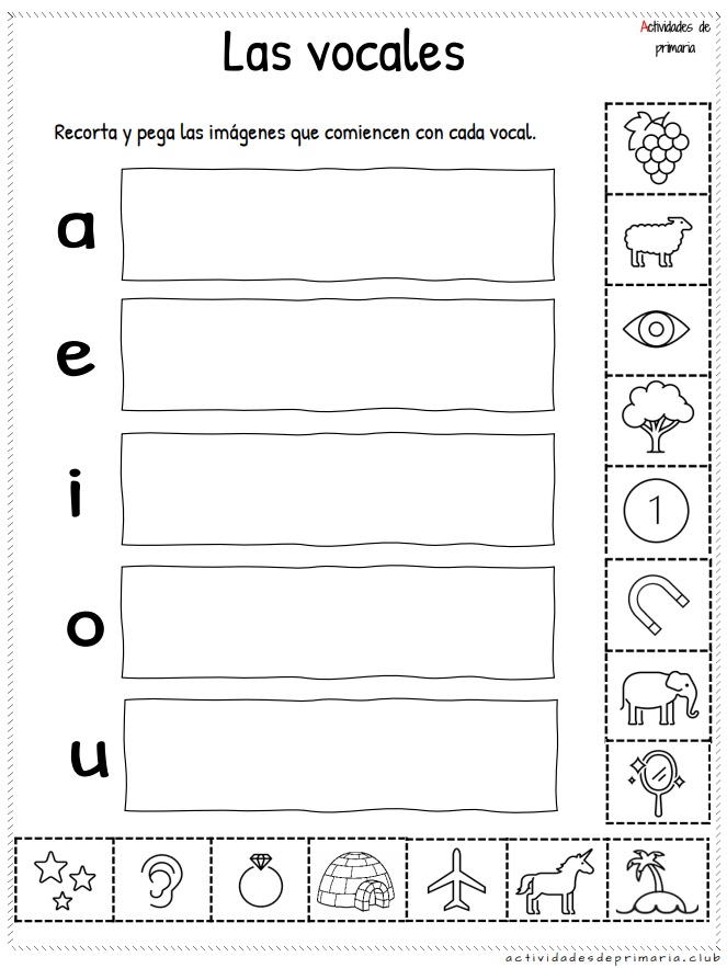 Actividad de vocales corta y pega para primer grado de primaria