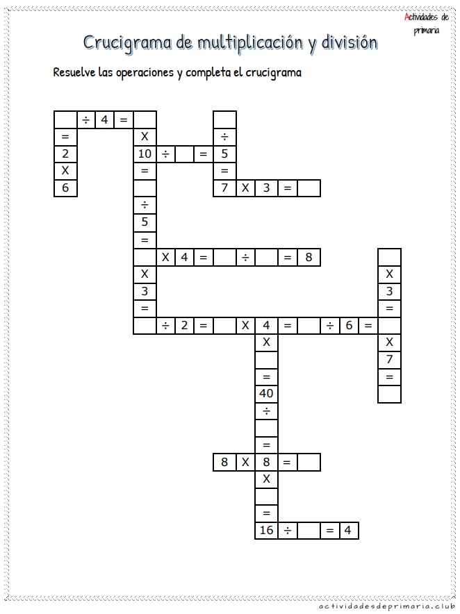 Crucigrama de multiplicación y división para tercer grado