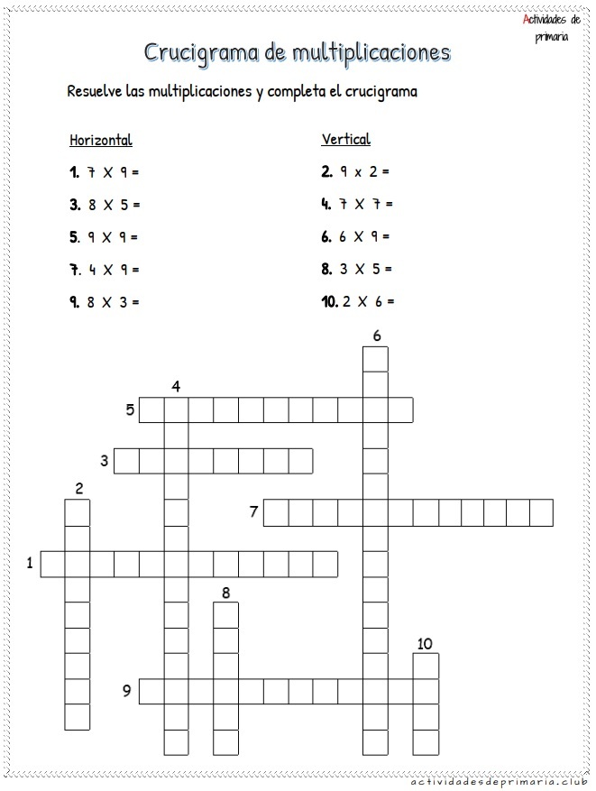 Crucigrama de multiplicaciones para segundo grado