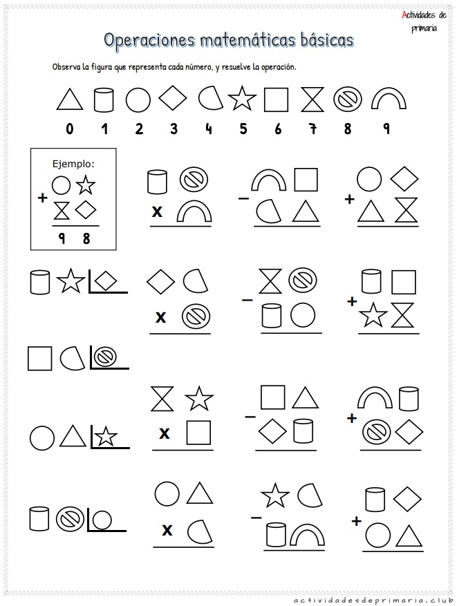 Operaciones matemáticas básicas con figuras para tercer grado