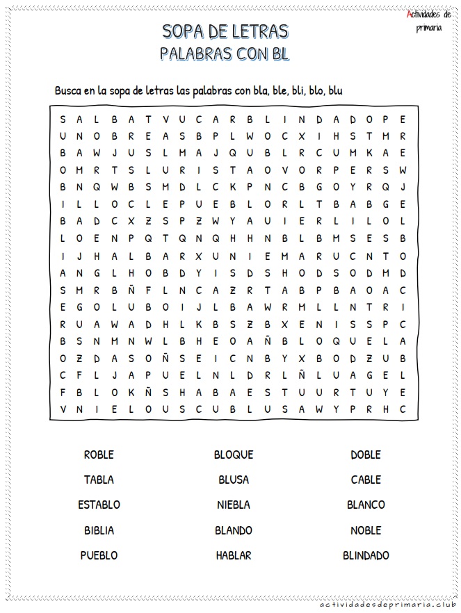 Sopa de letras de sílabas trabadas bla ble bli blo blu para segundo grado