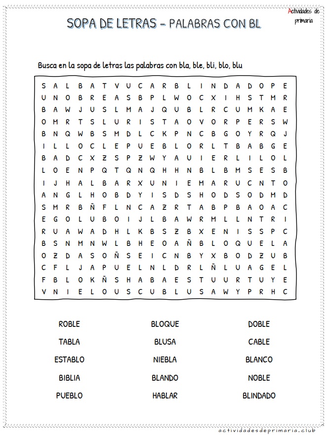 Sopa de letras de sílabas trabadas bla ble bli blo blu para segundo grado