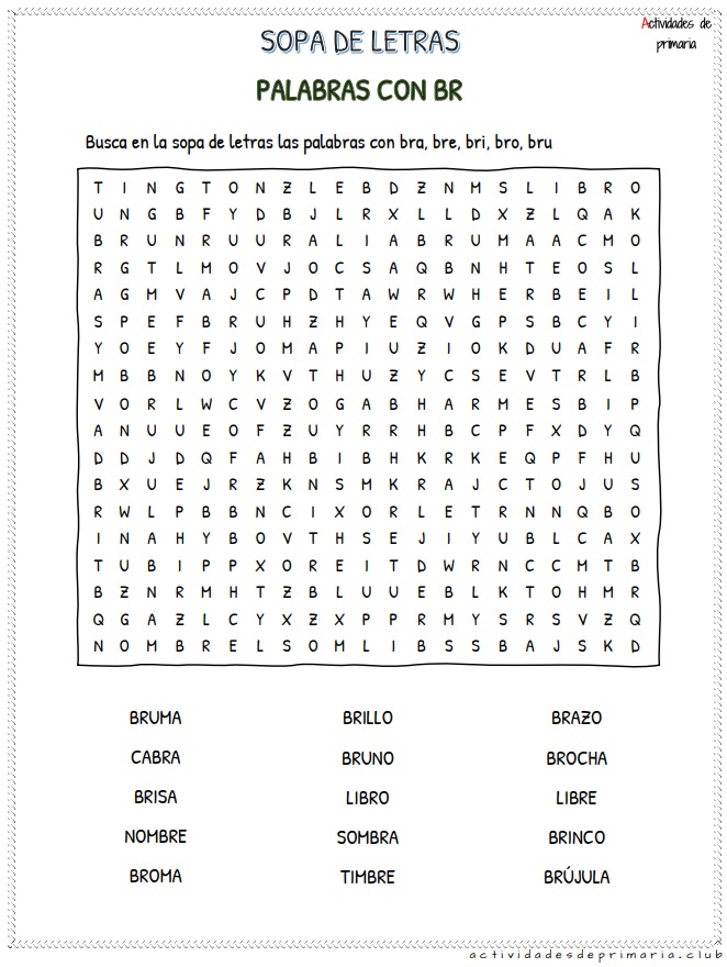Sopa de letras de sílabas trabadas bra bre bri bro bru para segundo grado
