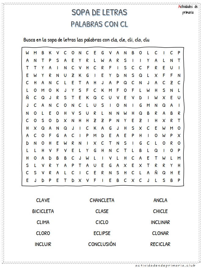 Sopa de letras de sílabas trabadas cla cle cli clo clu para segundo grado