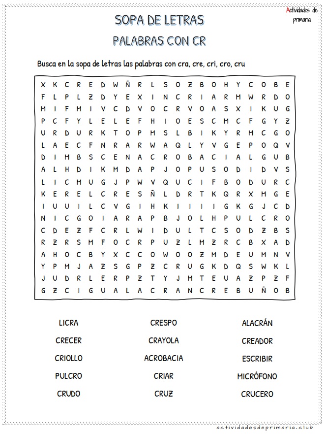 Sopa de letras de sílabas trabadas cra cre cri cro cru para segundo grado