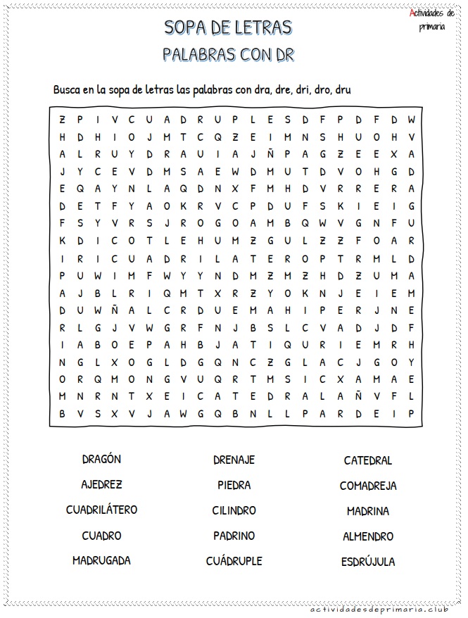 Sopa de letras de sílabas trabadas dra dre dri dro dru para segundo grado