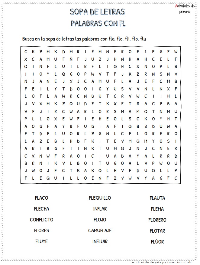 Sopa de letras de sílabas trabadas fla fle fli flo flu para segundo grado