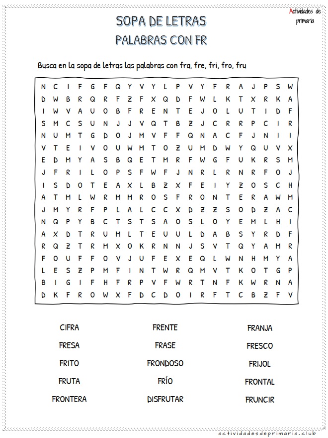 Sopa de letras de sílabas trabadas fra fre fri fro fru para segundo grado