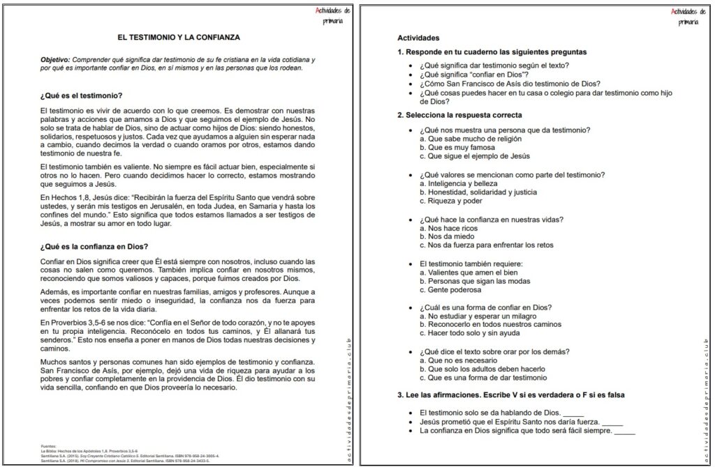 Ficha imprimible de testimonio y confianza en Dios para religión de quinto grado.