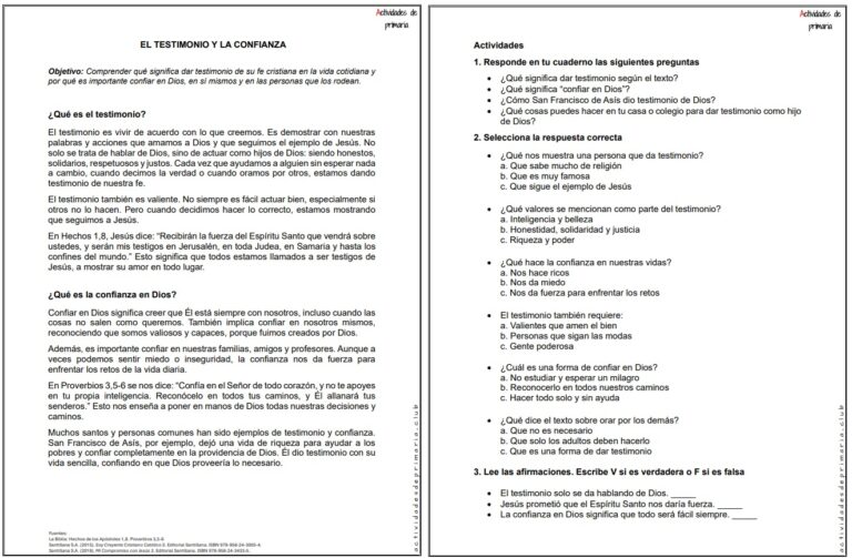 Ficha imprimible de testimonio y confianza en Dios para religión de quinto grado.