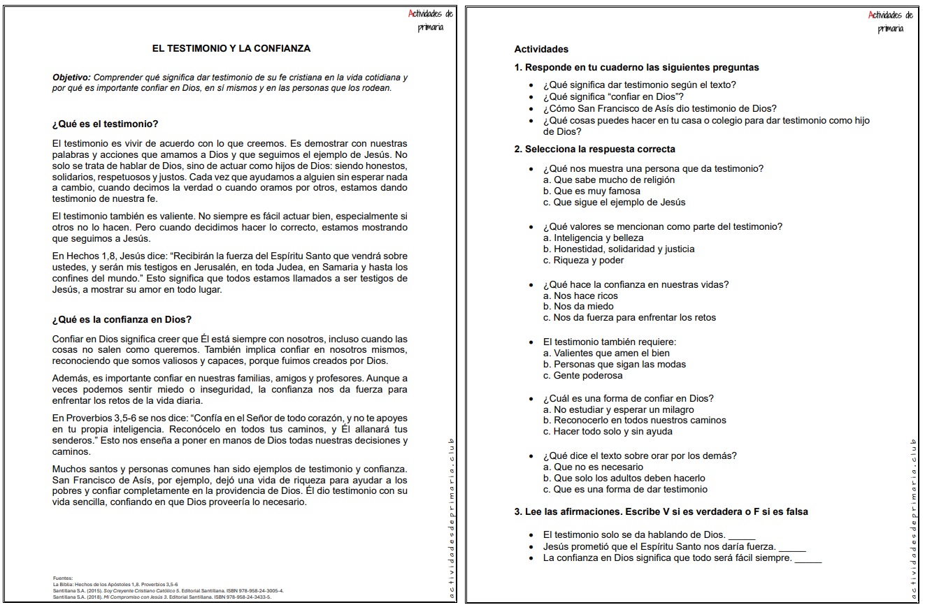 Ficha imprimible de testimonio y confianza en Dios para religión de quinto grado.