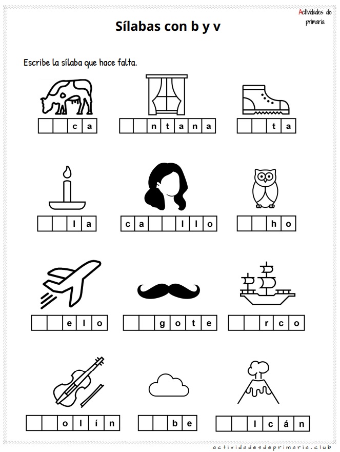 Ejercicios prácticos con sílabas b y v para niños de primer grado.