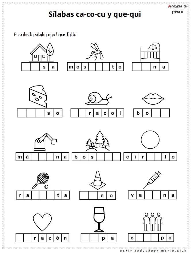 Ejercicios prácticos de sílabas ca co cu que qui para niños de primer grado.
