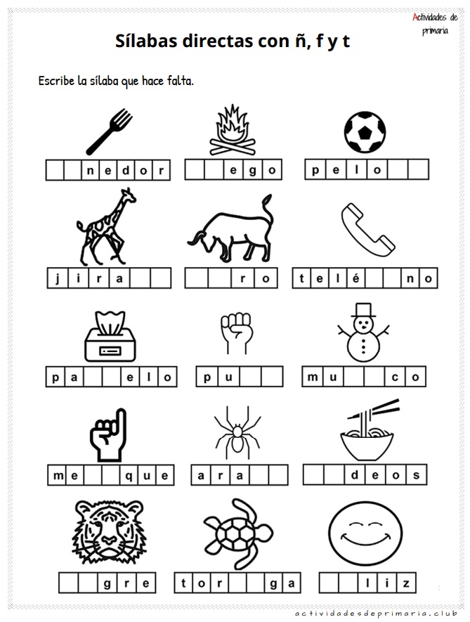 Ejercicios prácticos de sílabas directas con ñ f y t para niños de primer grado.