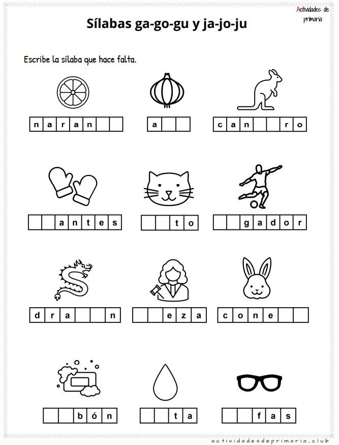 Ejercicios prácticos de sílabas ga go gu ja jo ju para niños de primer grado.