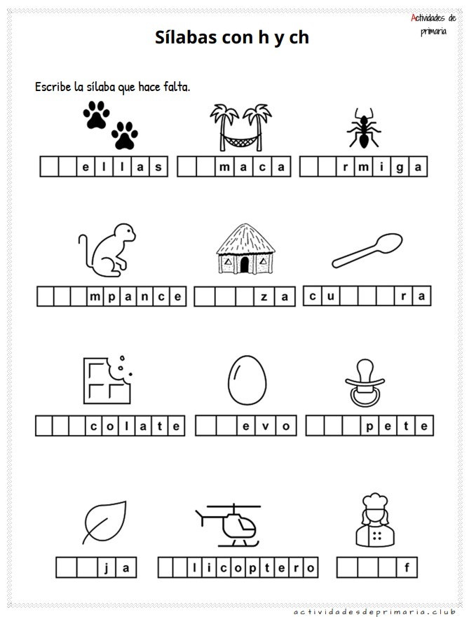 Ejercicios prácticos con sílabas h y ch para niños de primer grado.