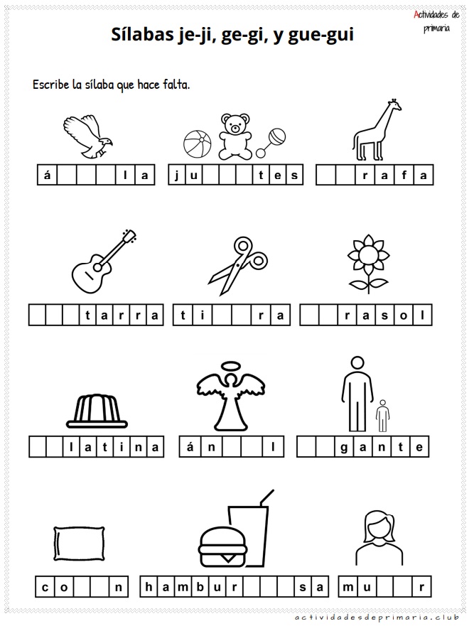 Ejercicios prácticos de sílabas je ji ge gi gue gui para niños de primer grado.