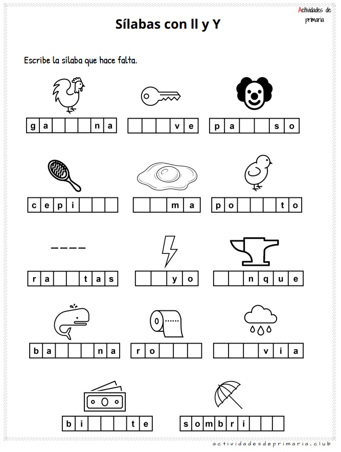 Ejercicios prácticos con sílabas ll y Y para niños de primer grado.