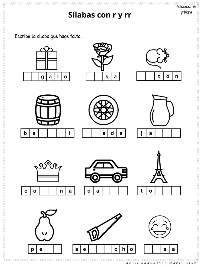 Ejercicios prácticos con sílabas r y rr para niños de primer grado.