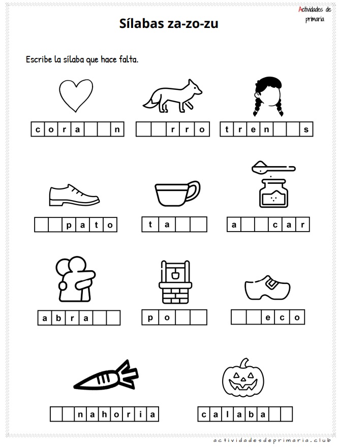 Ejercicios prácticos con sílabas za zo zu para niños de primer grado.