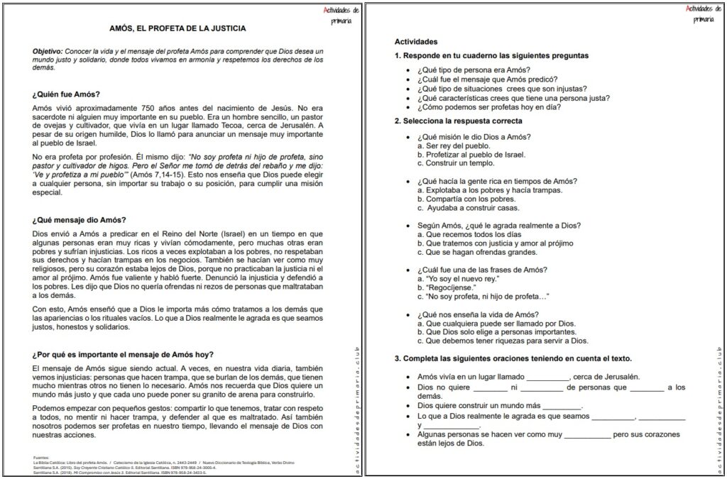 Ficha imprimible sobre Amón, profeta de la justicia para religión de quinto grado.