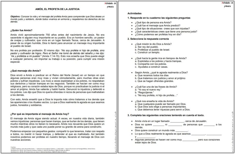 Ficha imprimible sobre Amón, profeta de la justicia para religión de quinto grado.