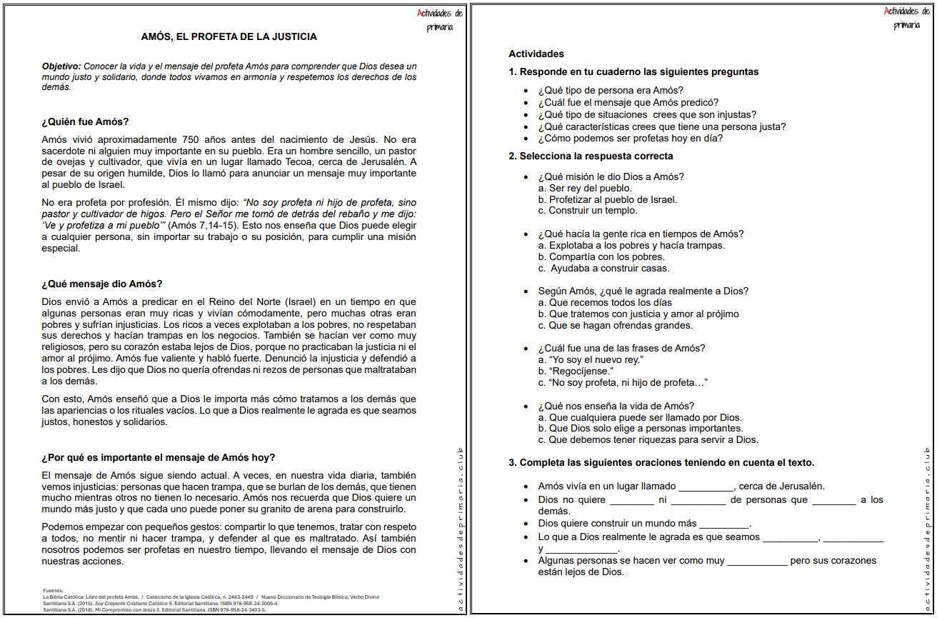 Ficha imprimible sobre Amón, profeta de la justicia para religión de quinto grado.