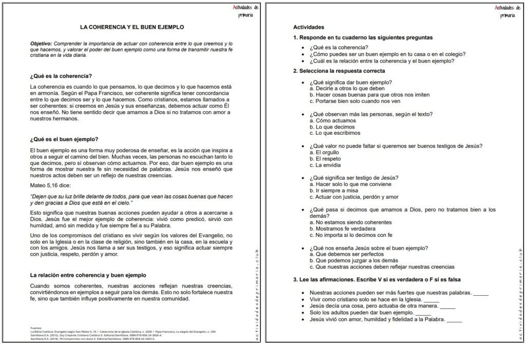 Ficha imprimible sobre la coherencia y el buen ejemplo para religión de quinto grado.
