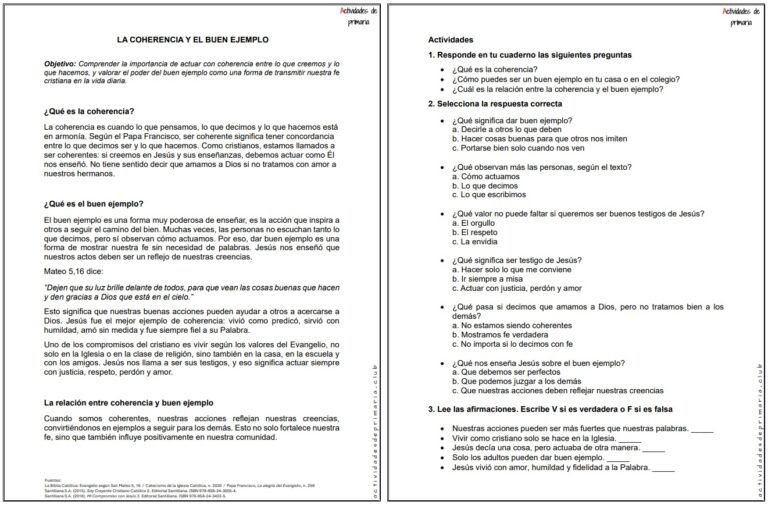 Ficha imprimible sobre la coherencia y el buen ejemplo para religión de quinto grado.