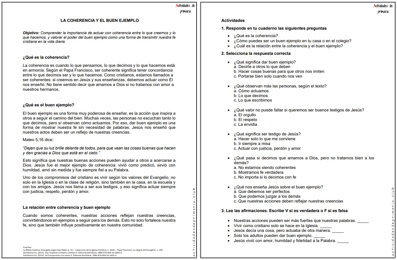 Ficha imprimible sobre la coherencia y el buen ejemplo para religión de quinto grado.