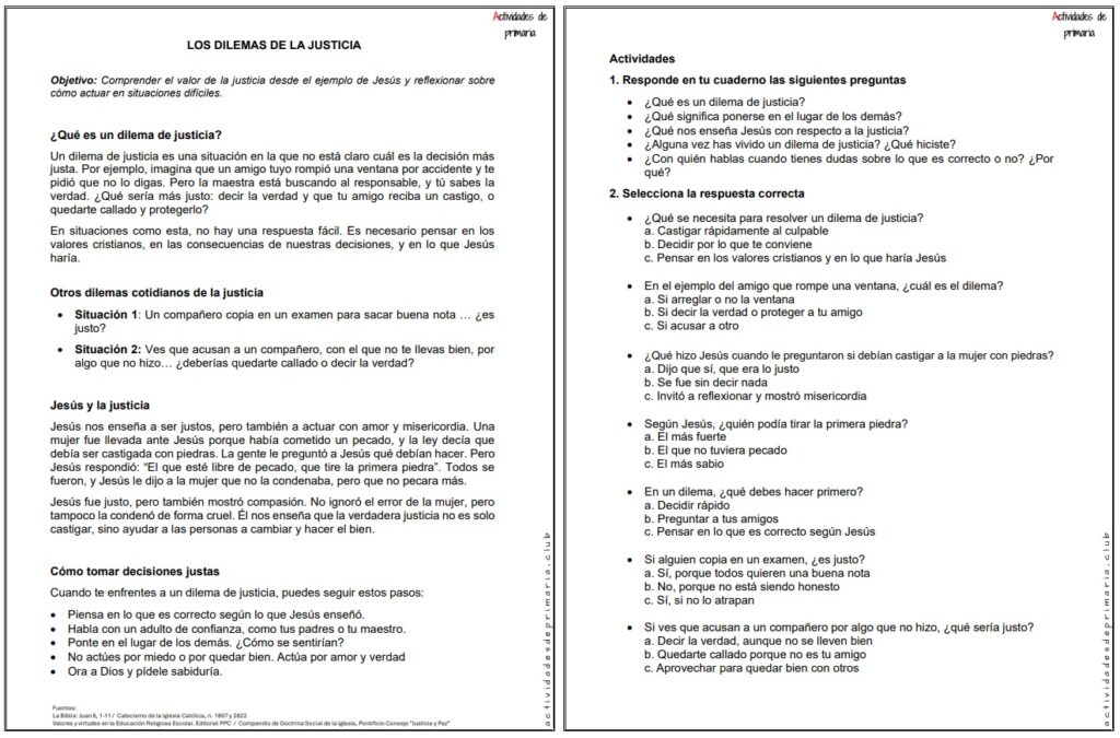 Ficha imprimible sobre los dilemas de la justicia, para religión de quinto grado.