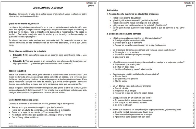 Ficha imprimible sobre los dilemas de la justicia, para religión de quinto grado.