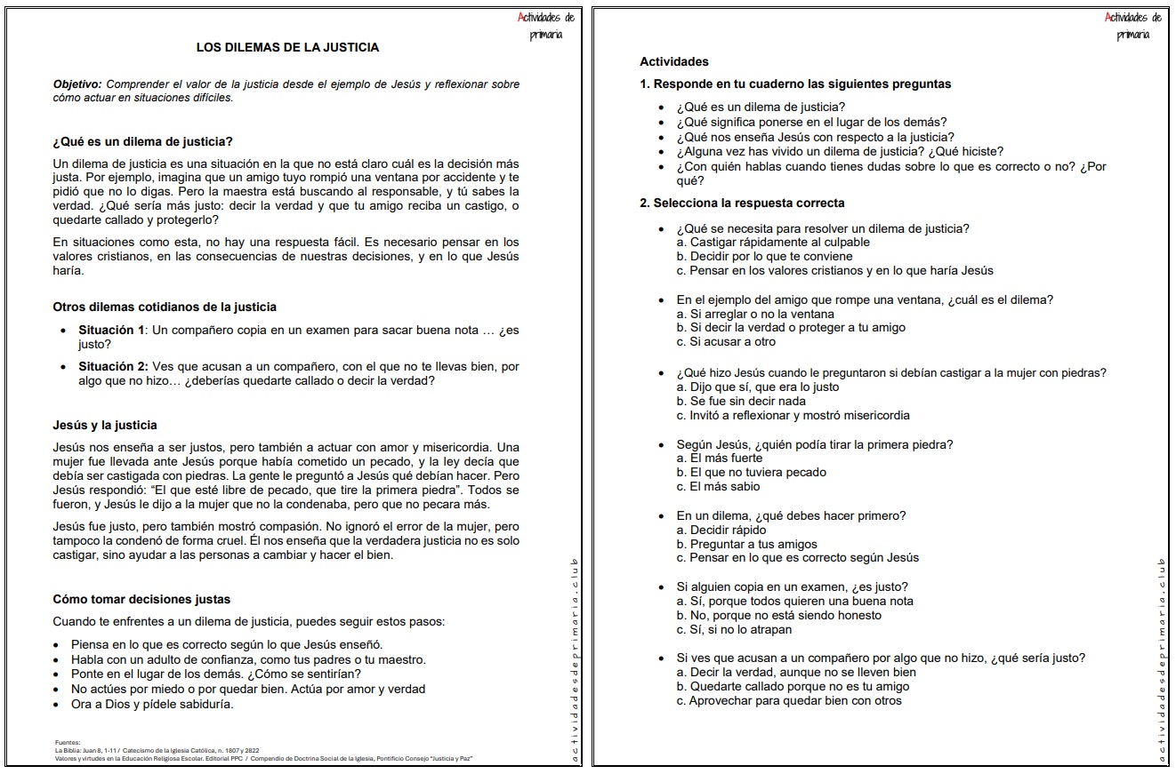 Ficha imprimible sobre los dilemas de la justicia, para religión de quinto grado.