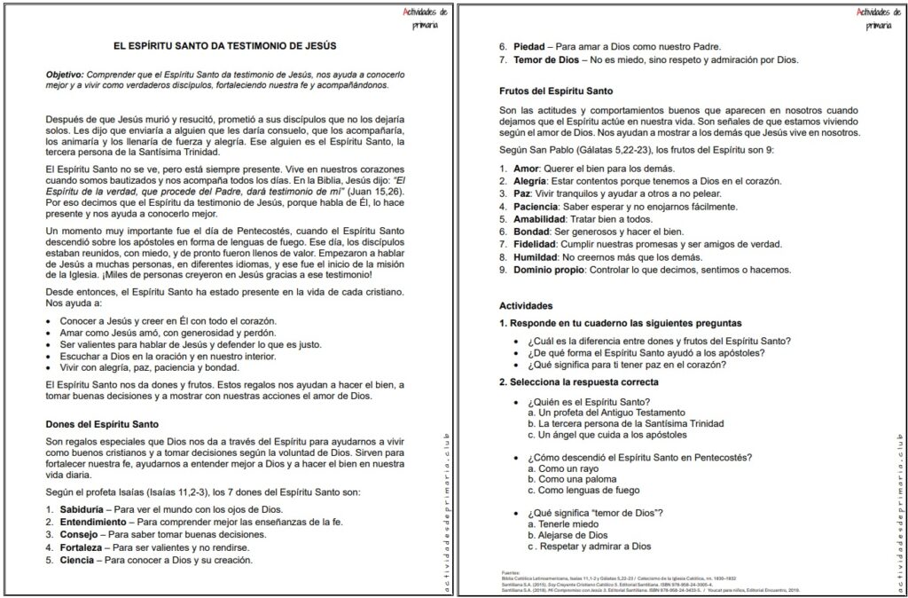 Ficha imprimible sobre el tema el espíritu santo da testimonio de Jesús para religión de quinto grado.