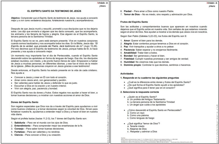 Ficha imprimible sobre el tema el espíritu santo da testimonio de Jesús para religión de quinto grado.
